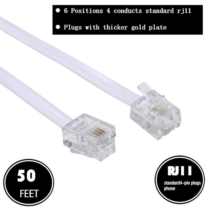 Ubramac 50Feet Long Telephone Extension Cord Phone Cable Line Wire, with Standard RJ11 Plug and 1 in-Line Couplers and 25 Cable Clip Holders-White - Image 2